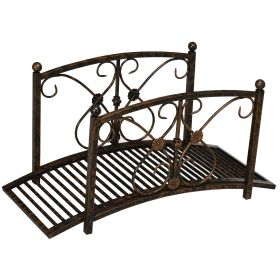 Outsunny 3.3FT Metal Zen Garden Bridge, Decorative Arch, Safety Siderails, Floral Scrollwork, Brown
