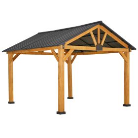 Outsunny 11' x 13' Hardtop Gazebo with Wooden Frame, Permanent Metal Roof Gazebo Canopy with Ceiling Hook for Garden, Patio & Backyard, Natural/B