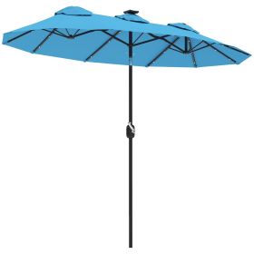 Outsunny Double-sided Patio Umbrella, 9.7' Outdoor Umbrella with Tilt and Crank, LED Solar Light and 12 Ribs, Light Blue