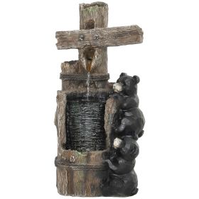 Outsunny 22.8" Water Fountain, 3-Tier Resin Bears on Log Outdoor Waterfall Fountain with LED Lights, Pump