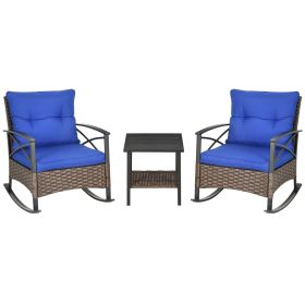 Outsunny 3 Piece Rocking Wicker Bistro Set, Outdoor Patio Furniture Set with 2 Porch Rocker Chairs, Cushions, 2-Tier Coffee Table for Garden