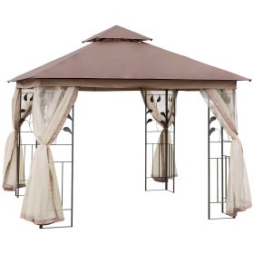 10' X 10' Outdoor Patio Gazebo Canopy With 2-Tier Polyester Roof, Netting, Curtain Sidewalls, And Steel Frame, Brown (Color: Brown)